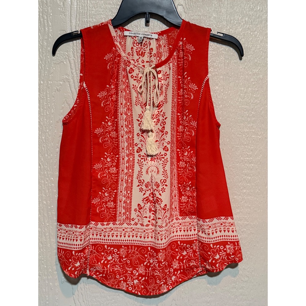 Collective Concepts Red Floral Tassel Sleeveless Boho Blouse Womens XS